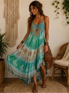 Boho Ocean Wash Handkerchief Hem Maxi Dress | Festival Goddess Style